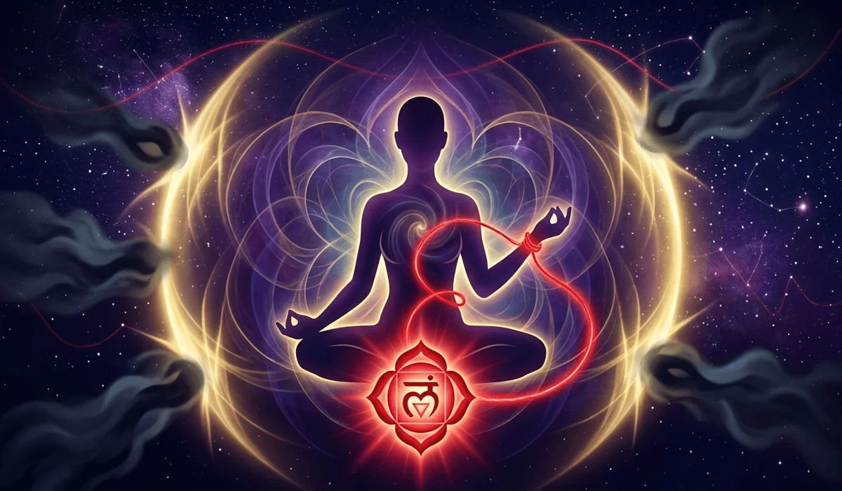 Digital art showing a red string bracelet's spiritual connection to the Root Chakra and protection against the Evil Eye.