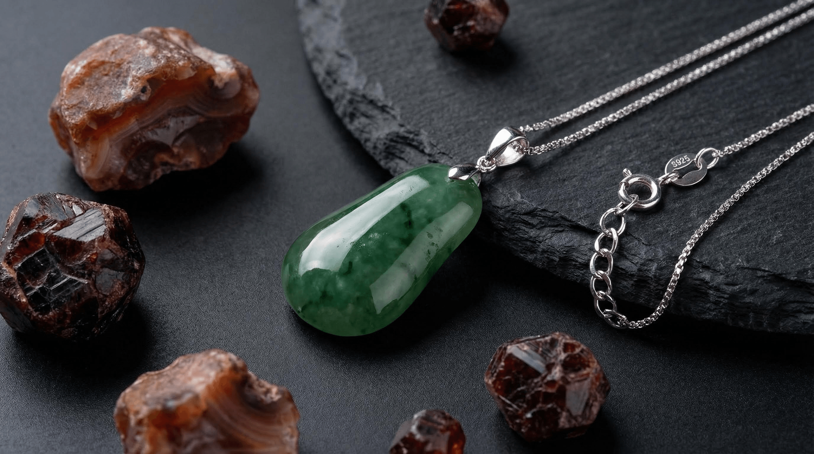 Macro photography of Grade A Jadeite and 925 Sterling Silver jewelry with Red Agate and Garnet stones.