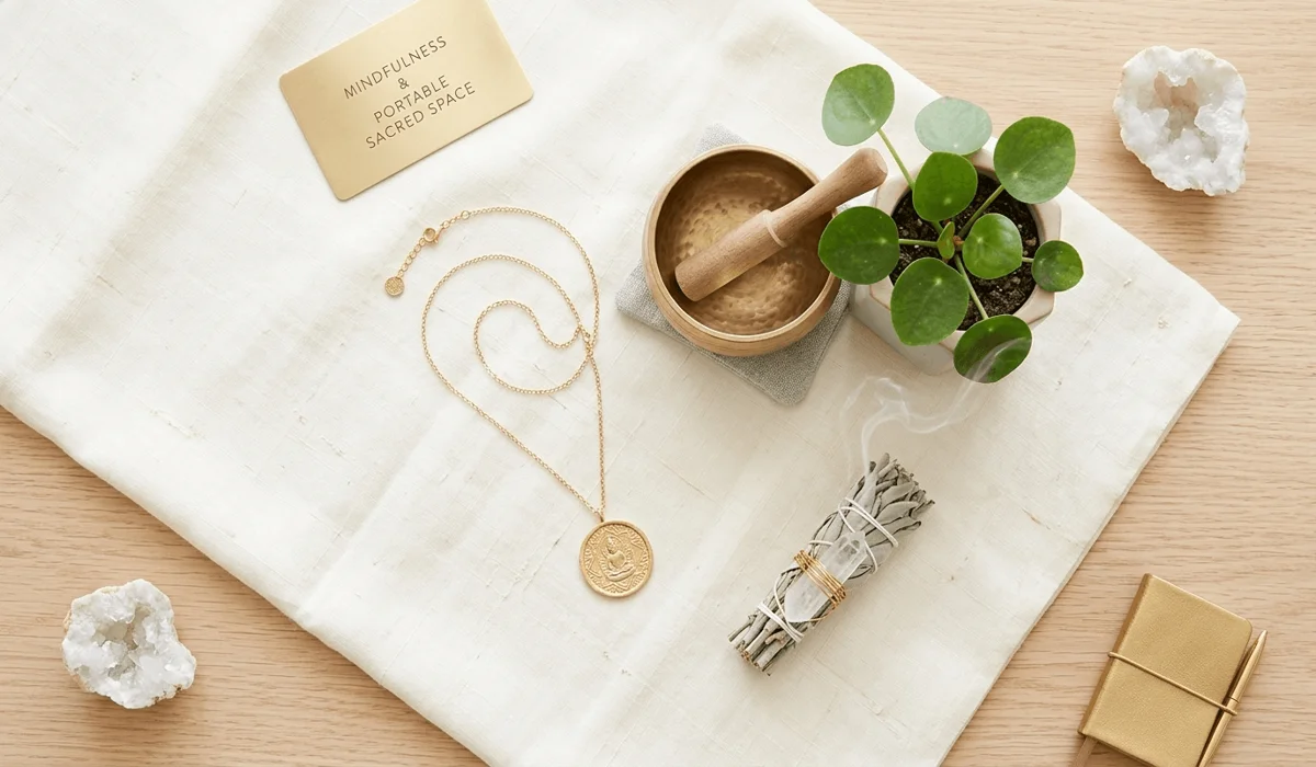 Elegant gold Buddha pendant necklace on silk, representing spiritual jewelry and mindfulness in the modern era.