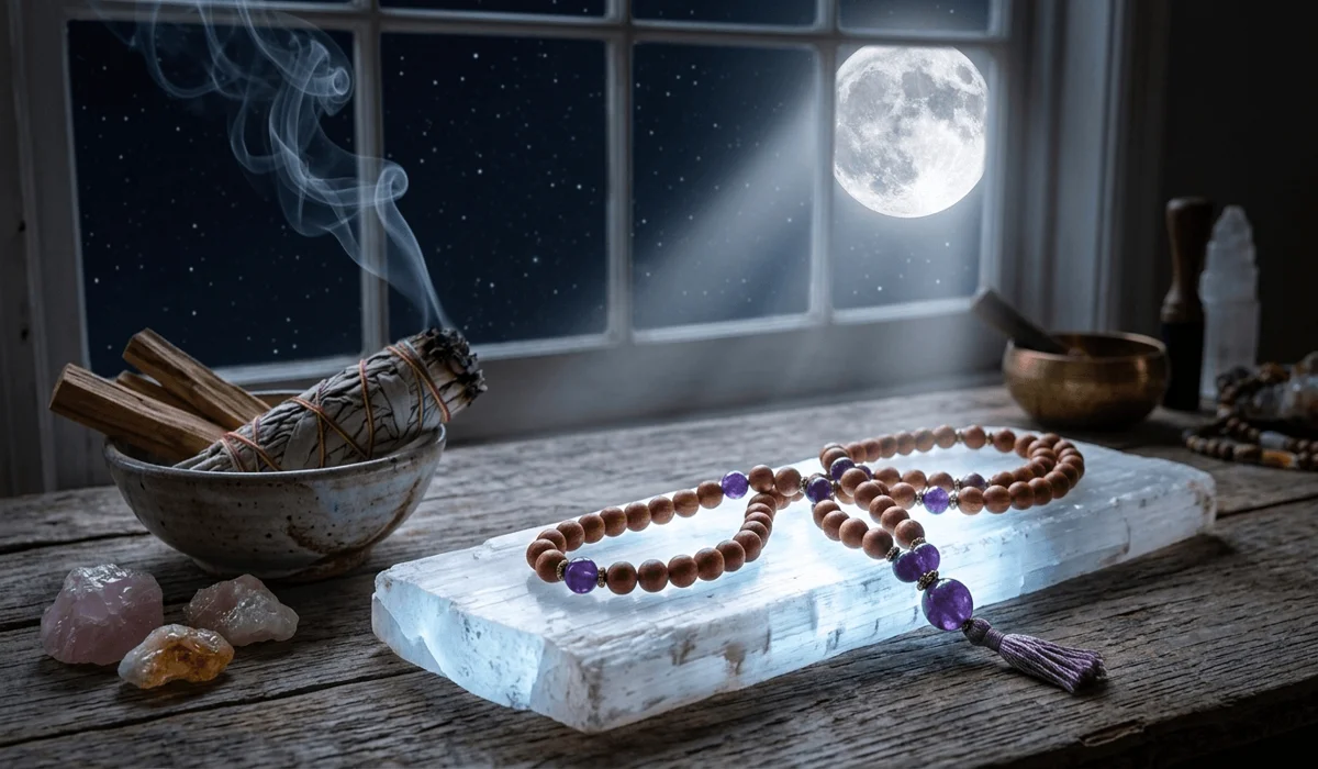 A spiritual cleansing and charging ritual for a sandalwood and amethyst mala using sage smoke and a selenite plate under the light of a full moon.