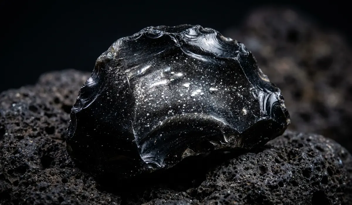 Close-up of raw Silver Sheen Obsidian showing the silvery shimmer and volcanic glass texture.