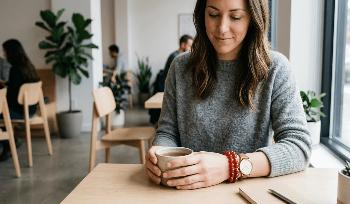 A modern practitioner wearing a 27-bead gemstone wrist mala as spiritual jewelry for daily mindfulness and stress relief.