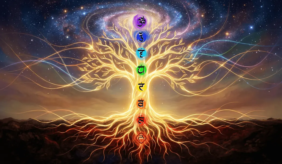Spiritual illustration of the Tree of Life connecting the earth and the universe, symbolizing chakra alignment and the interconnectedness of life.
