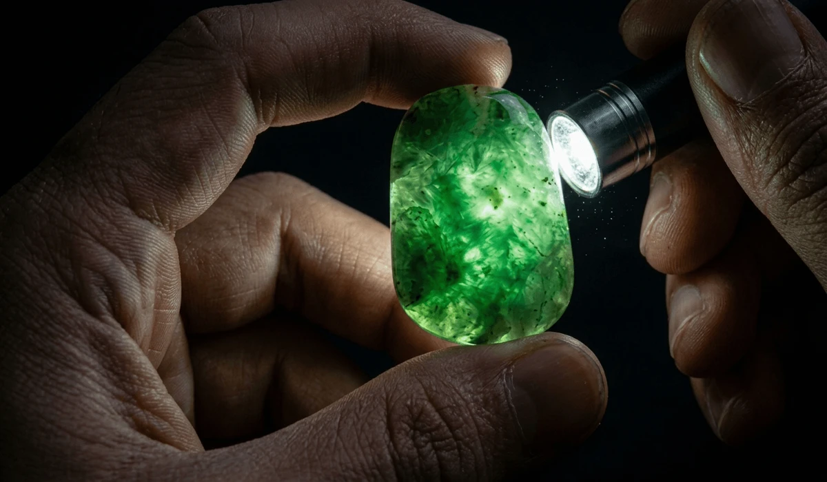 Flashlight translucency test performed on an authentic jade pendant showing natural fibrous inner structure