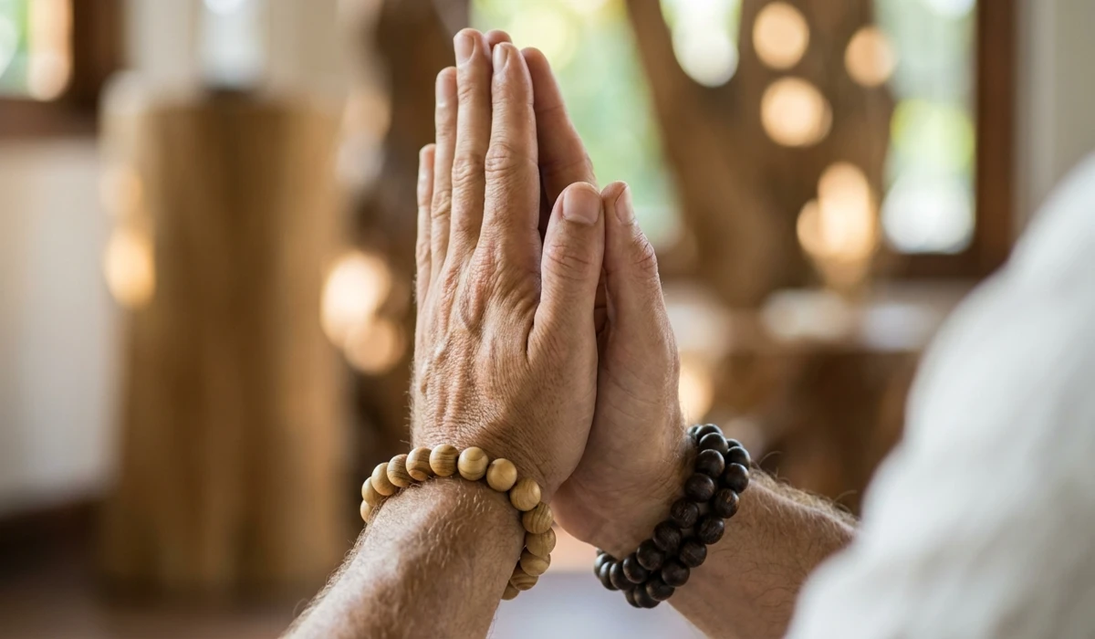 Close-up of Sandalwood and Eaglewood bracelets worn on wrists for Feng Shui energy balance.