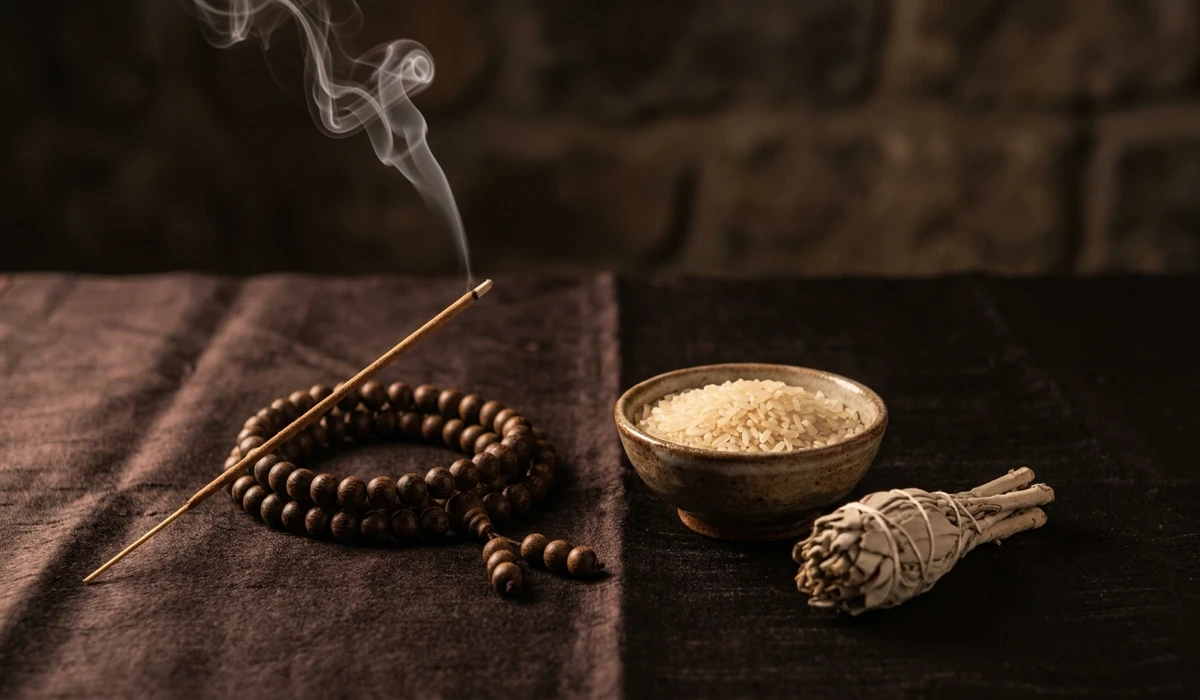 Cleansing ritual for Thuja Sutchuenensis wood mala beads using incense smoke and silk storage for spiritual maintenance.