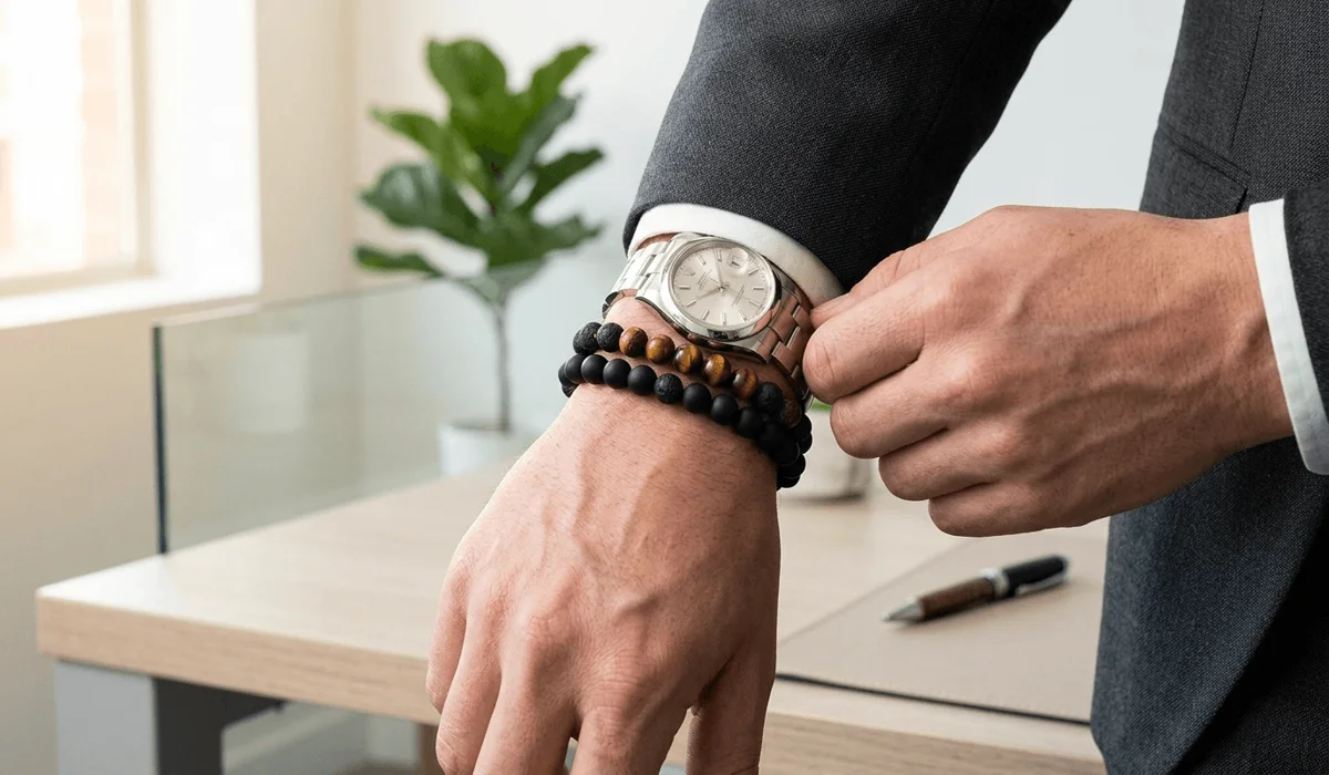 A professional wrist stack featuring a stainless steel watch paired with matte black onyx and tiger eye spiritual bracelets for a balanced look.