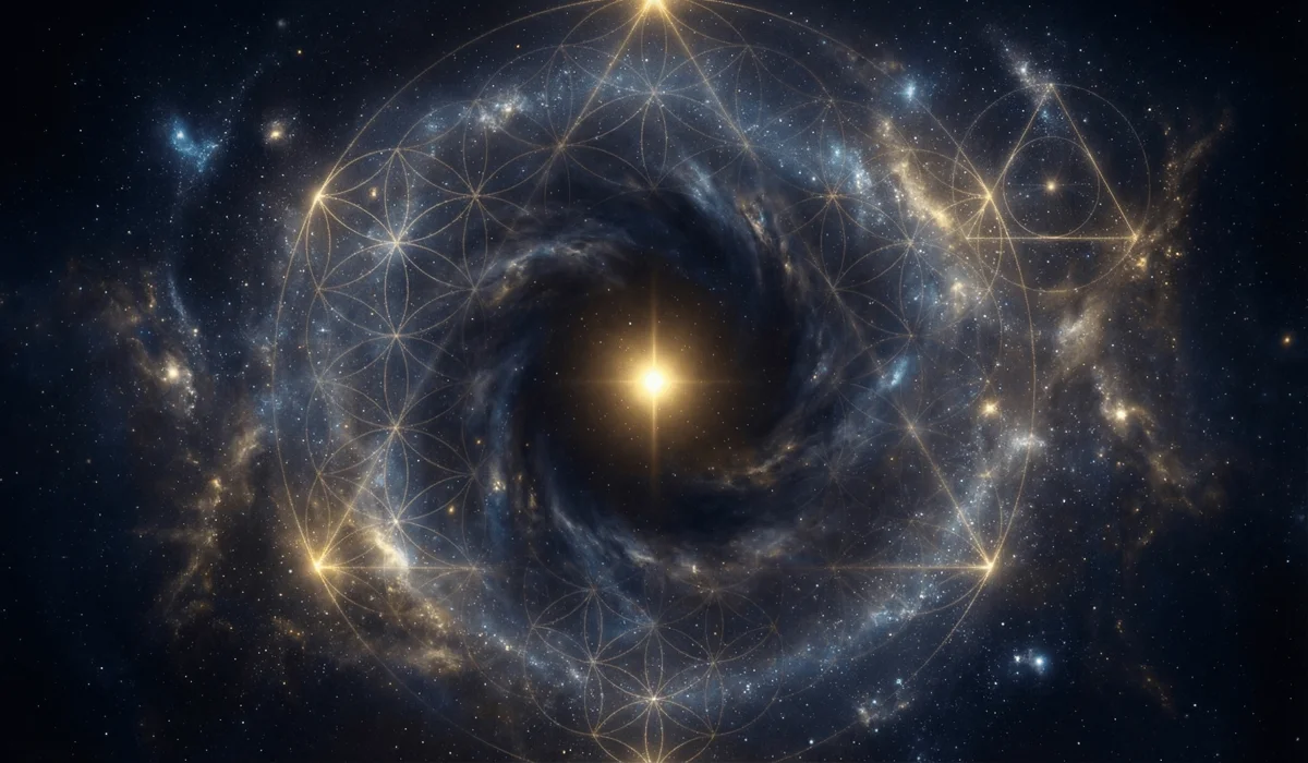 A cosmic representation of the Monad and Trinity illustrating the sacred origins of numerical architecture in the universe.