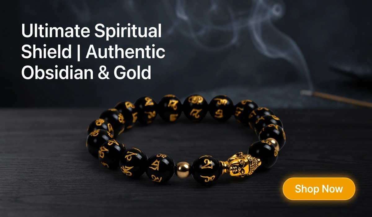 Obsidian Buddha Protection Bracelet with gold Sanskrit mantra beads displayed on a dark Zen background with a Shop Now button