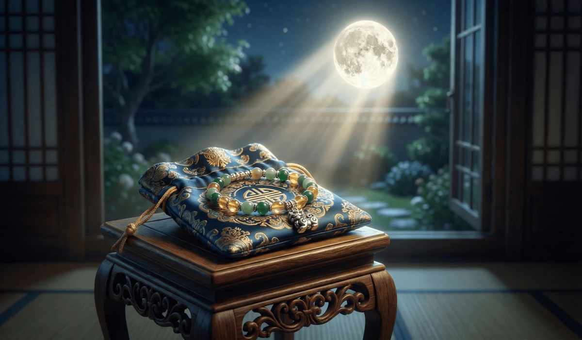 A Feng Shui anklet being recharged under full moon light while stored in a silk pouch on an elevated surface.