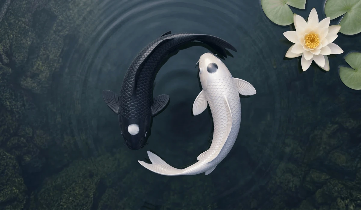 Top-down view of black and white Koi fish swimming in a circle to form the Yin Yang symbol, representing the balance of opposing forces and the flow of Qi.