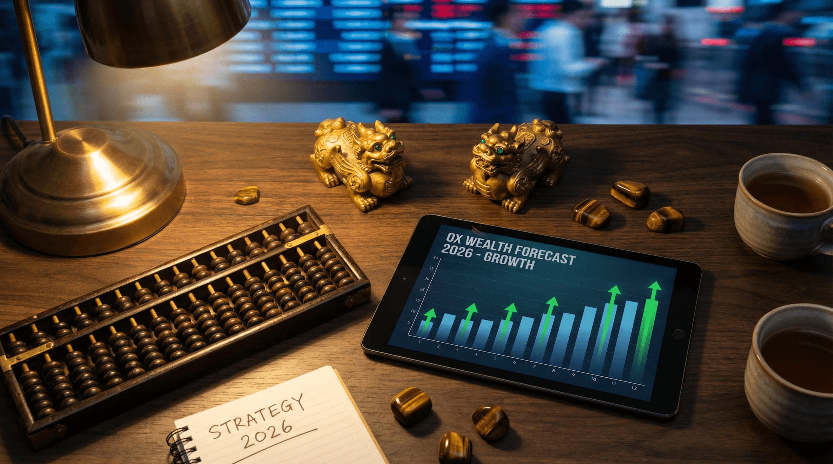 Financial planning desk with golden Pixiu and Tiger's Eye stones for 2026 wealth forecast
