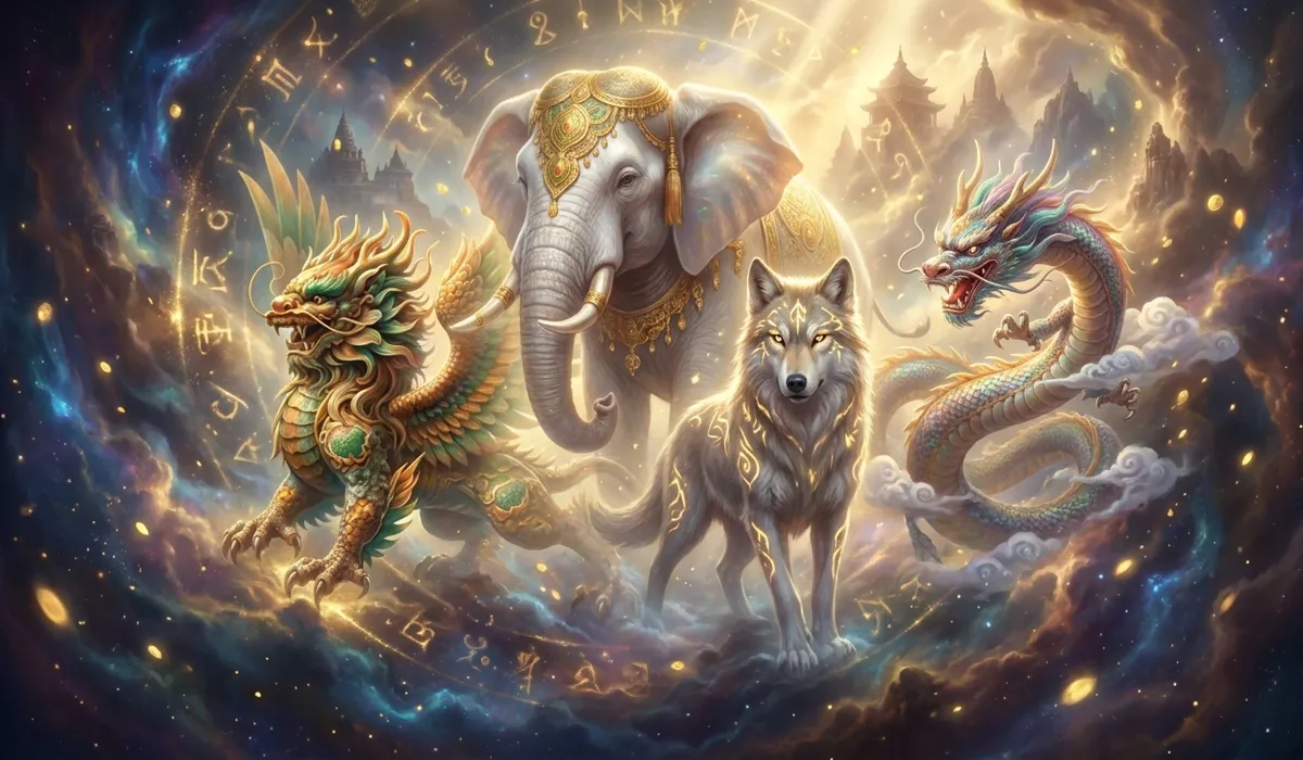 A mystical depiction of Pixiu, Elephant, Wolf, and Dragon as celestial spirit guides in a cosmic setting.