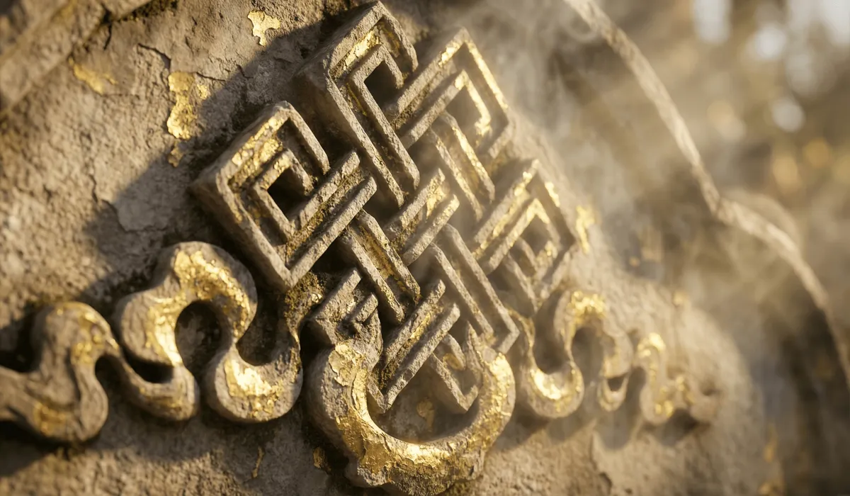 Ancient stone carving of a golden Endless Knot symbol in a Buddhist temple representing sacred origins and divine marks.
