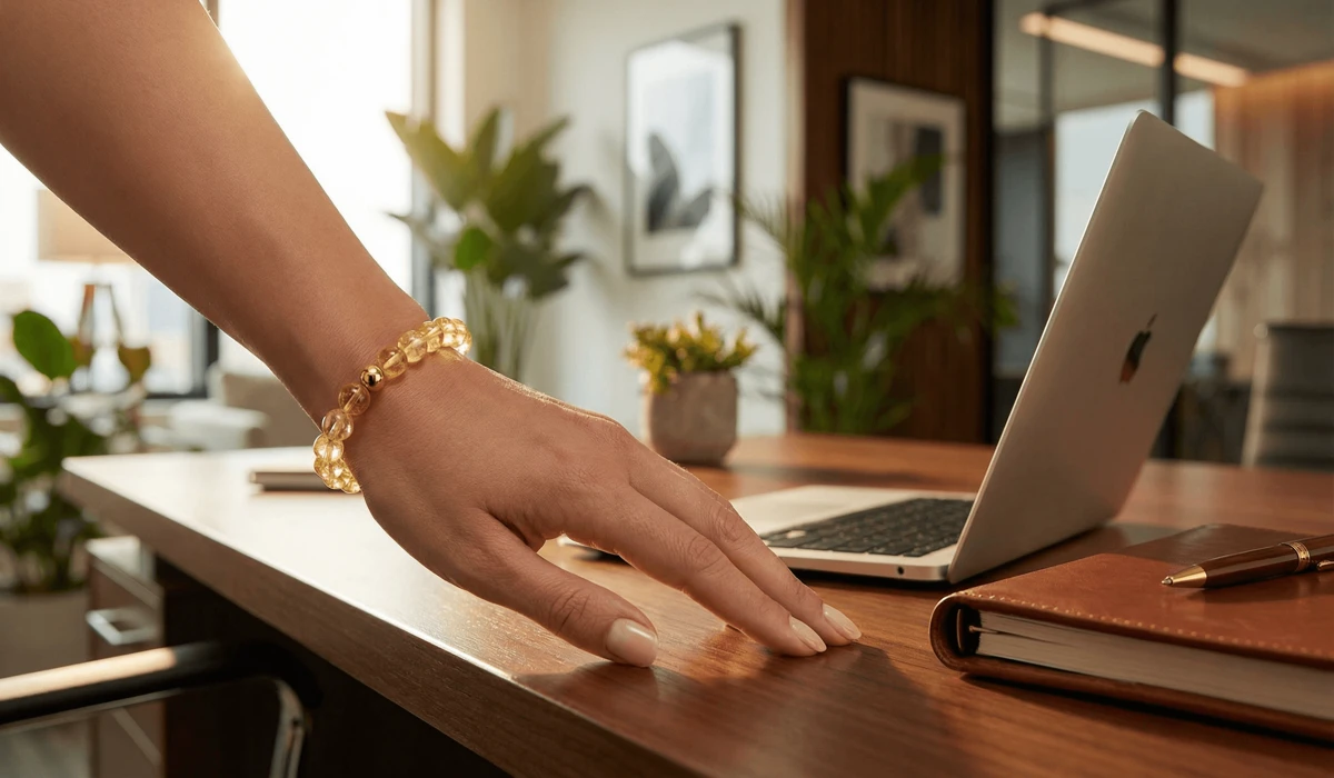 A person wearing a Citrine bracelet on their left hand at a desk, symbolizing the use of crystals for career success and attracting abundance.