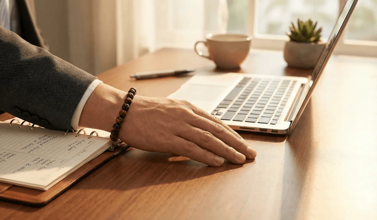A Red Jasper and Red Tiger Eye bracelet worn on a wrist, symbolizing focus and willpower in a workspace.
