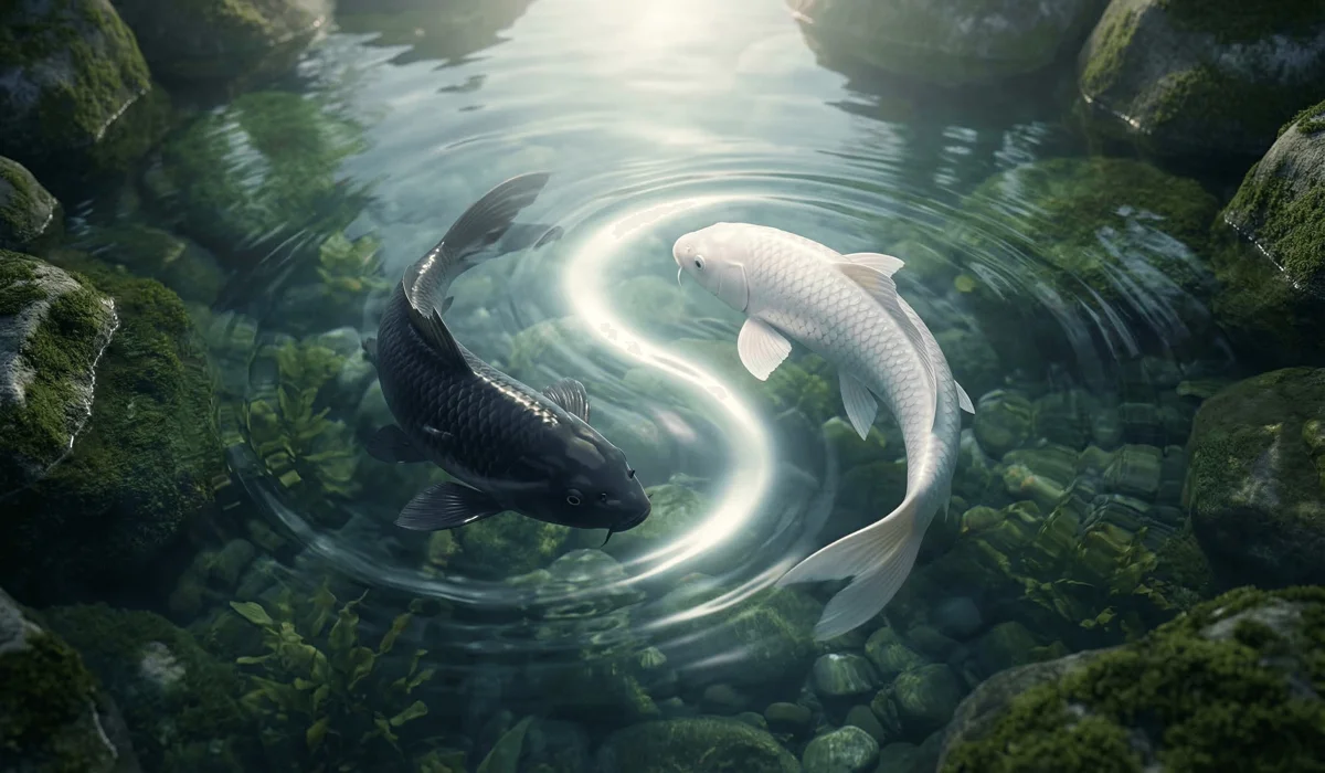 Two koi fish in black and white swimming in a circular Yin Yang formation symbolizing harmony and success.