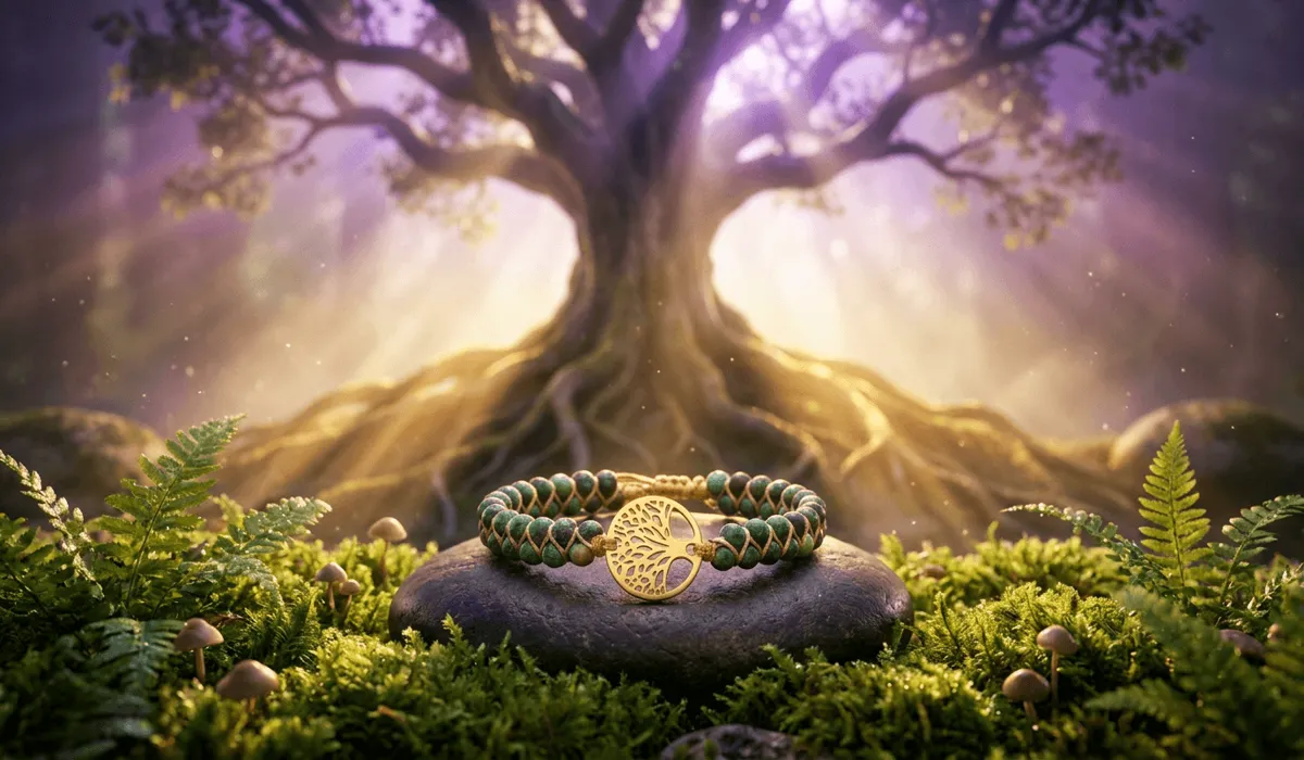Tree of Life bracelet resting on a river stone surrounded by green moss, symbolizing grounded roots and spiritual chakra connection.