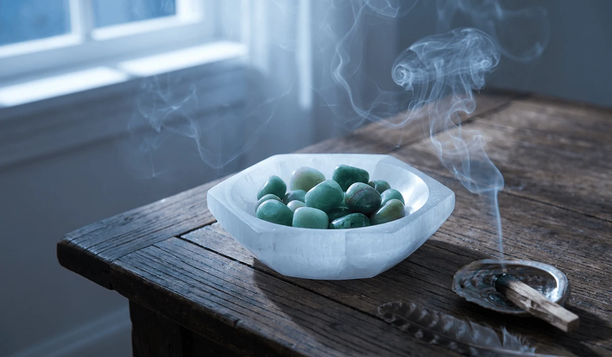 Green Aventurine and Jade stones placed in a Selenite charging bowl with sage smoke for crystal cleansing.