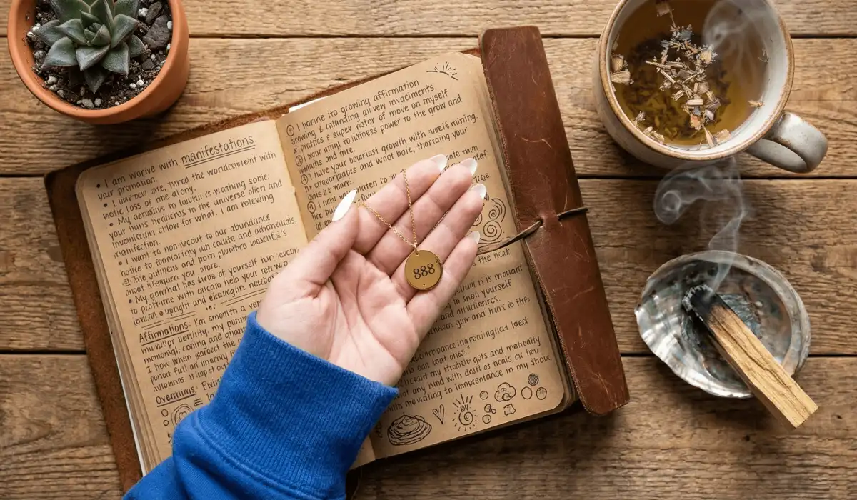 A person holding an 888 abundance angel number necklace during a manifestation and journaling ritual.