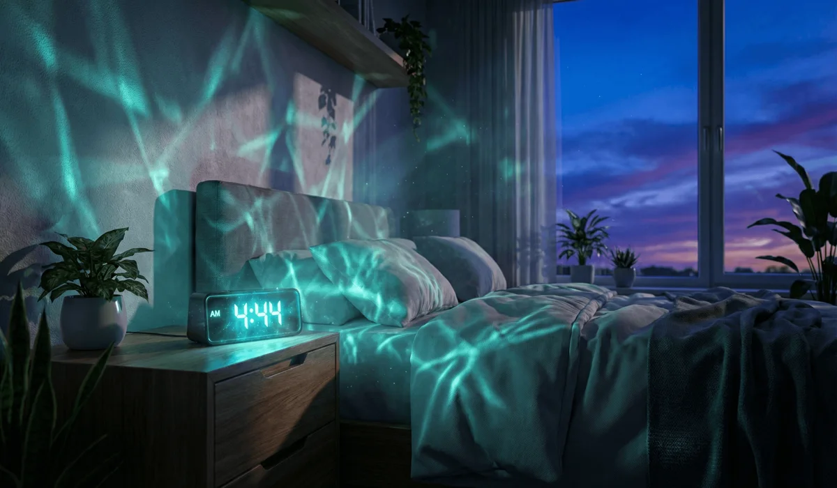 A digital clock showing the angel number 444 with a divine glowing effect in a cozy room setting.