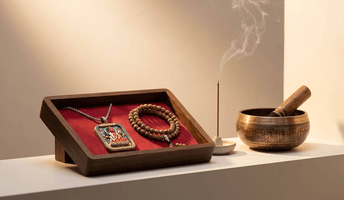 Proper sacred etiquette showing a Buddha necklace and bracelet resting on an elevated wooden tray next to a singing bowl.