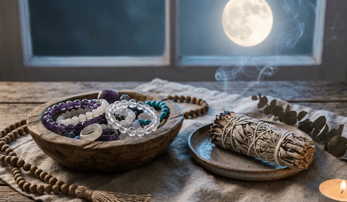 Cleansing Zen jewelry with sage smoke and moonlight to maintain spiritual energy and intention.