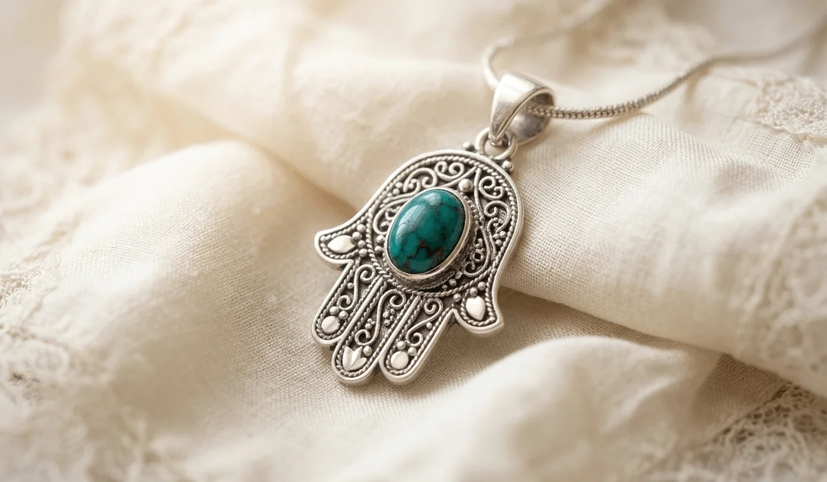 A detailed close-up of a silver Hamsa hand necklace with a turquoise eye, representing divine protection and spiritual jewelry.