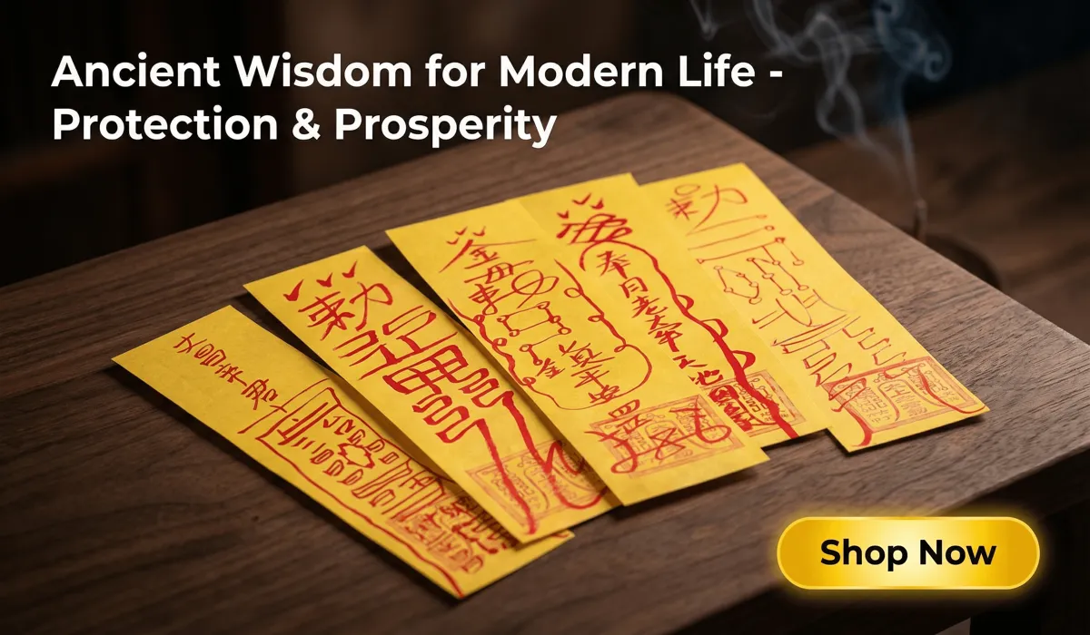 Ultimate Harmony Talisman Set featuring five traditional yellow Taoist amulets for wealth, health, and protection on a premium wood background with a Shop Now button.
