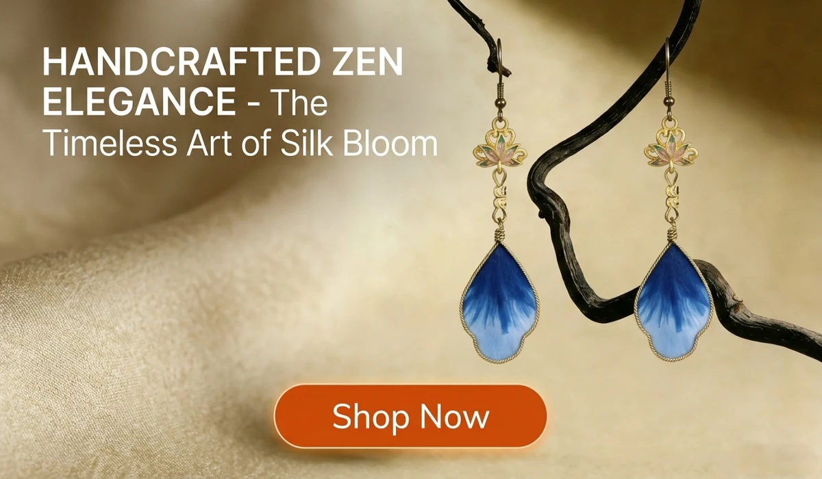 Ethereal Lotus Silk Flower RONGHUA Earrings in a Zen-style professional blog banner featuring a Shop Now button and handcrafted jewelry description.