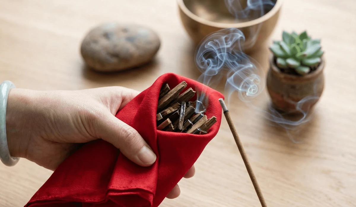 A respectful Feng Shui disposal ritual for a broken Pixiu bracelet using red cloth and cleansing incense.