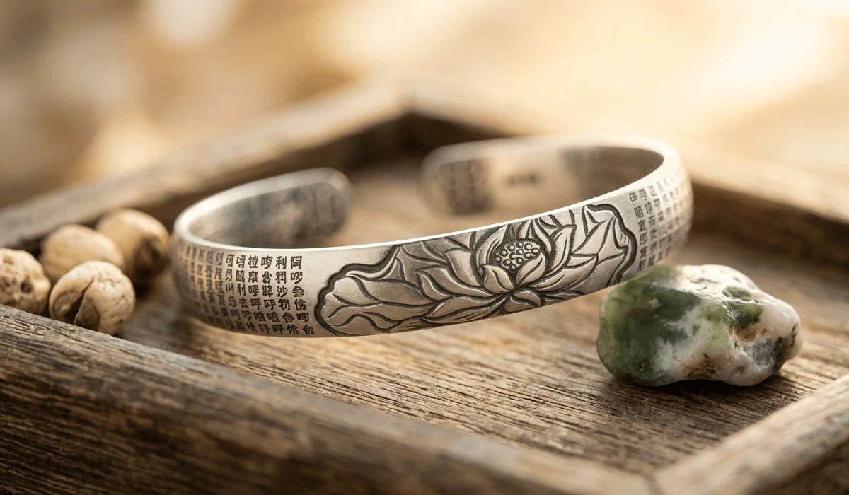 A handcrafted silver lotus bracelet representing sacred geometry and spiritual context for daily wear.