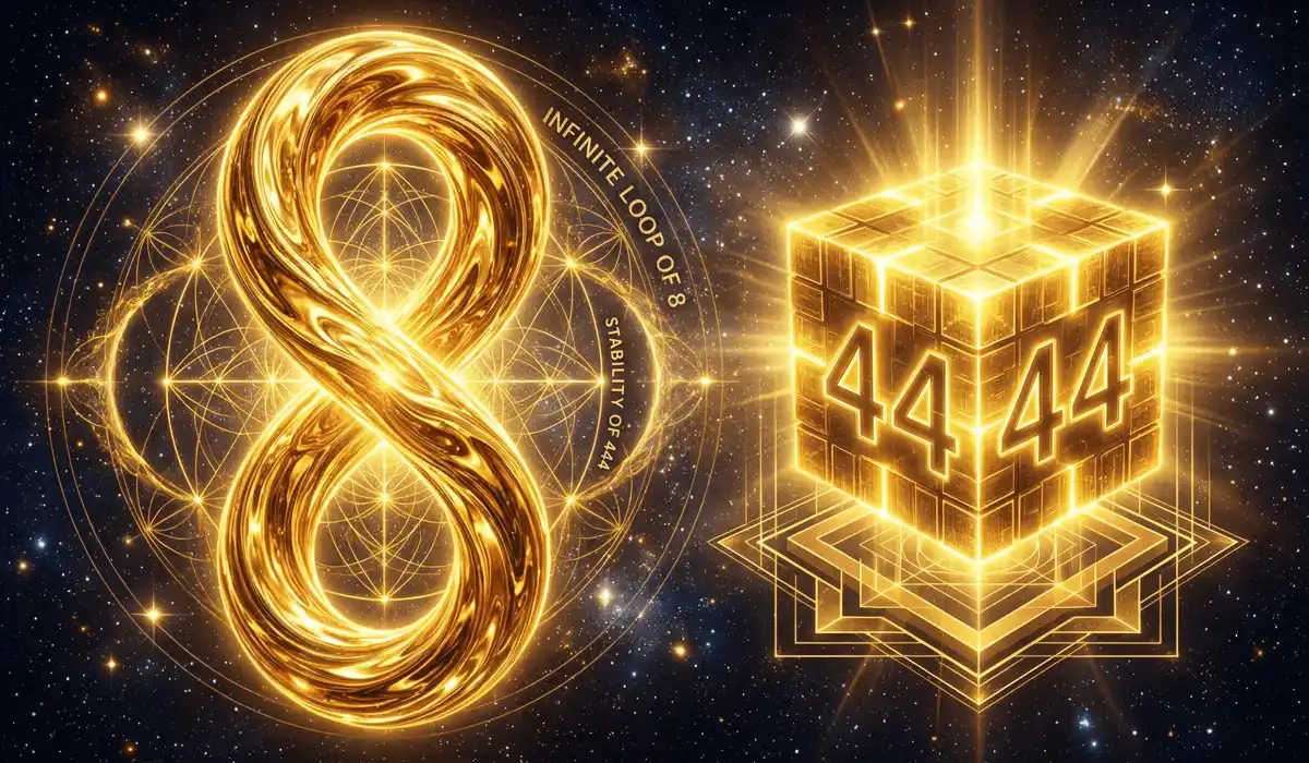 Sacred geometry visualization of the number 8 as a golden infinity loop and the number 4 as a stable golden cube for wealth manifestation.