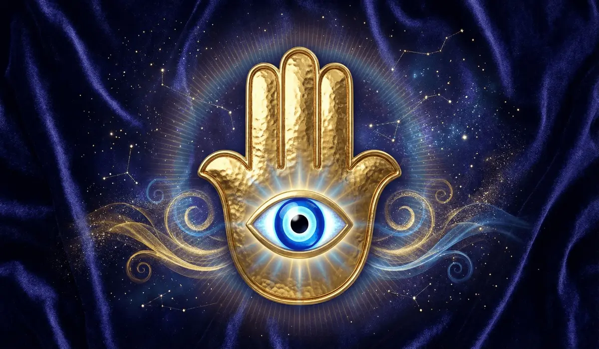 Symbolic representation of the Hamsa hand and Evil Eye combined as a spiritual shield against envy and ill-will.
