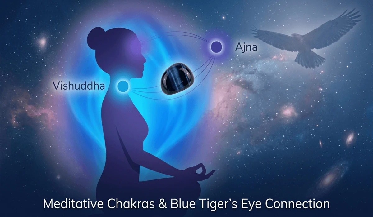Spiritual visualization of Blue Tiger Eye energy connecting the Third Eye and Throat chakras for intuition and communication.
