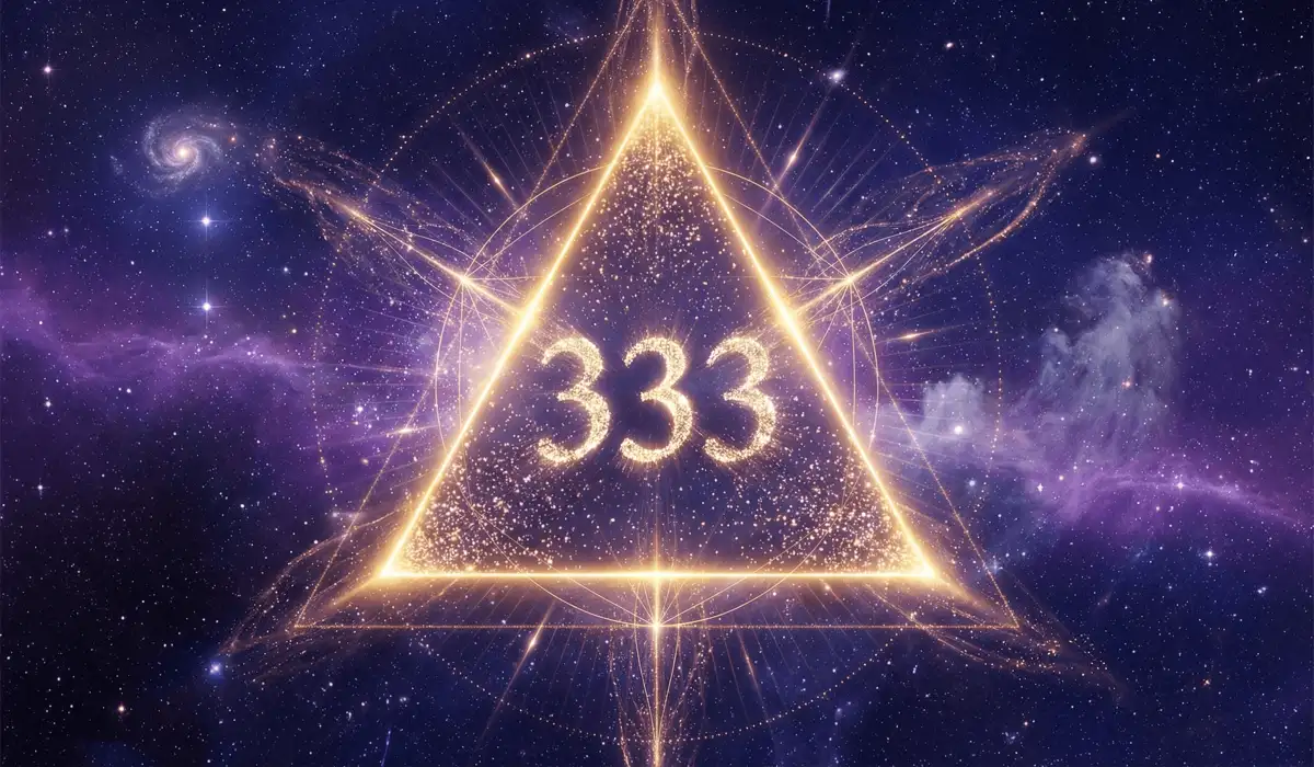 A glowing golden triangle representing sacred geometry and the spiritual meaning of angel number 333 against a cosmic nebula background.
