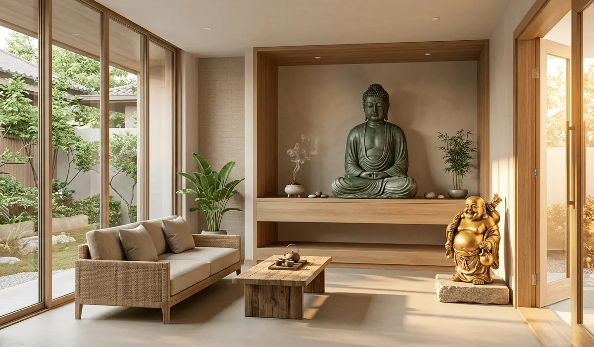 A serene home interior showing the correct placement of a Gautama Buddha statue on an altar and a Laughing Buddha statue near the entrance for prosperity.