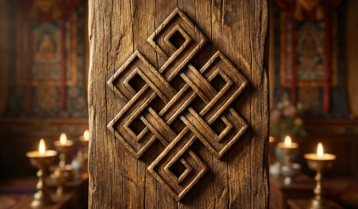 An intricate Endless Knot symbol carved in wood, representing the Buddhist concept of no beginning and no end.