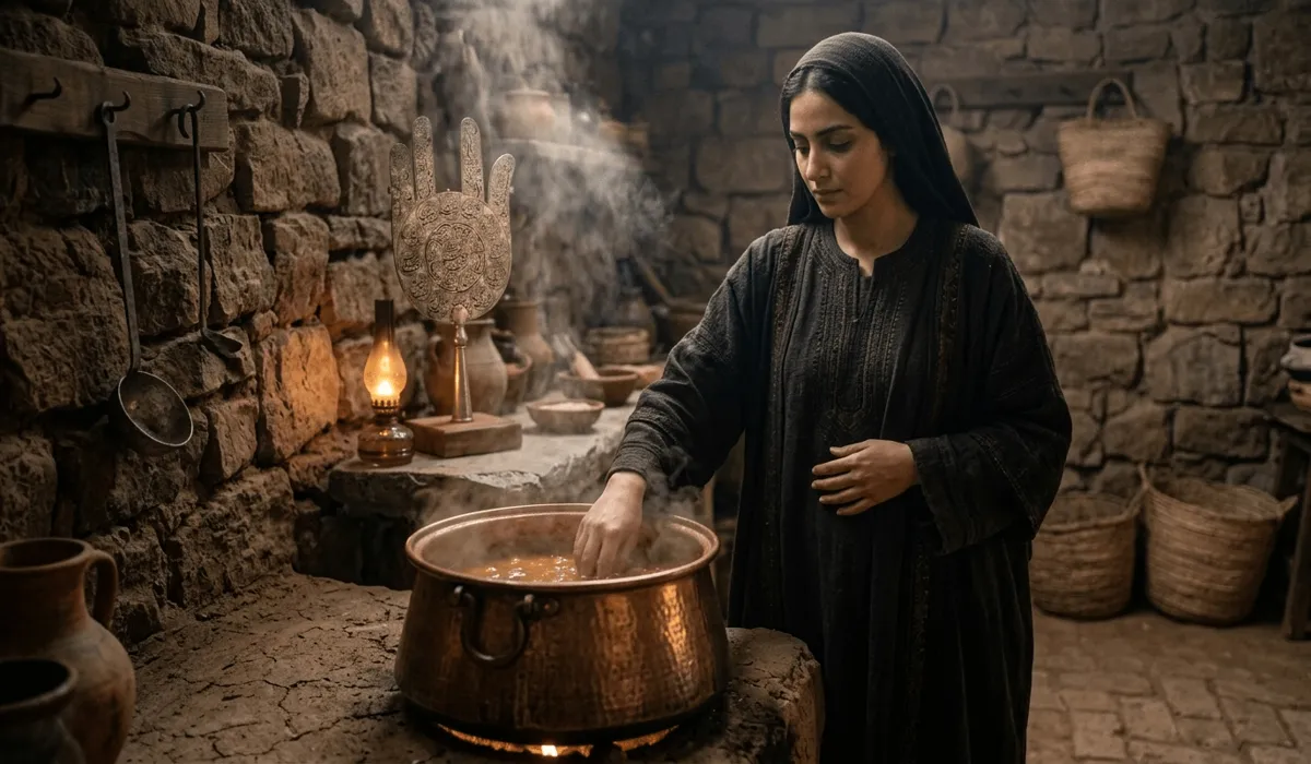 A historical depiction of Fatima Al-Zahra stirring a pot with her hand, illustrating the origin of the Hamsa Hand symbol.