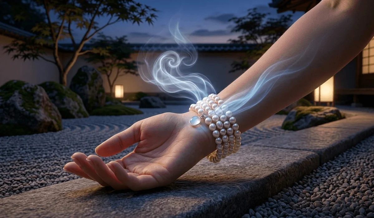 Pearl bracelet worn on the left hand to receive yin energy and internalize emotional balance according to Feng Shui logic.