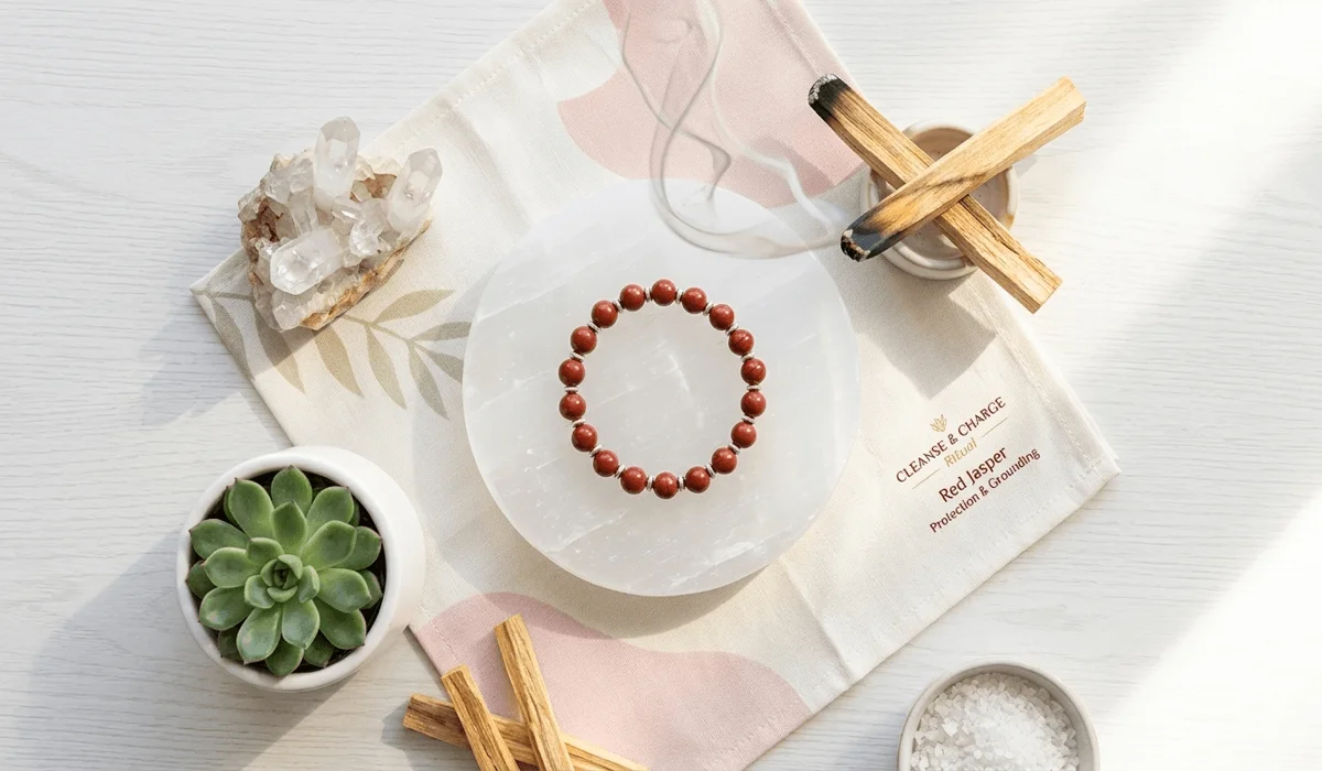 Cleansing ritual for Red Jasper bracelet using Palo Santo smoke and a Selenite charging plate.