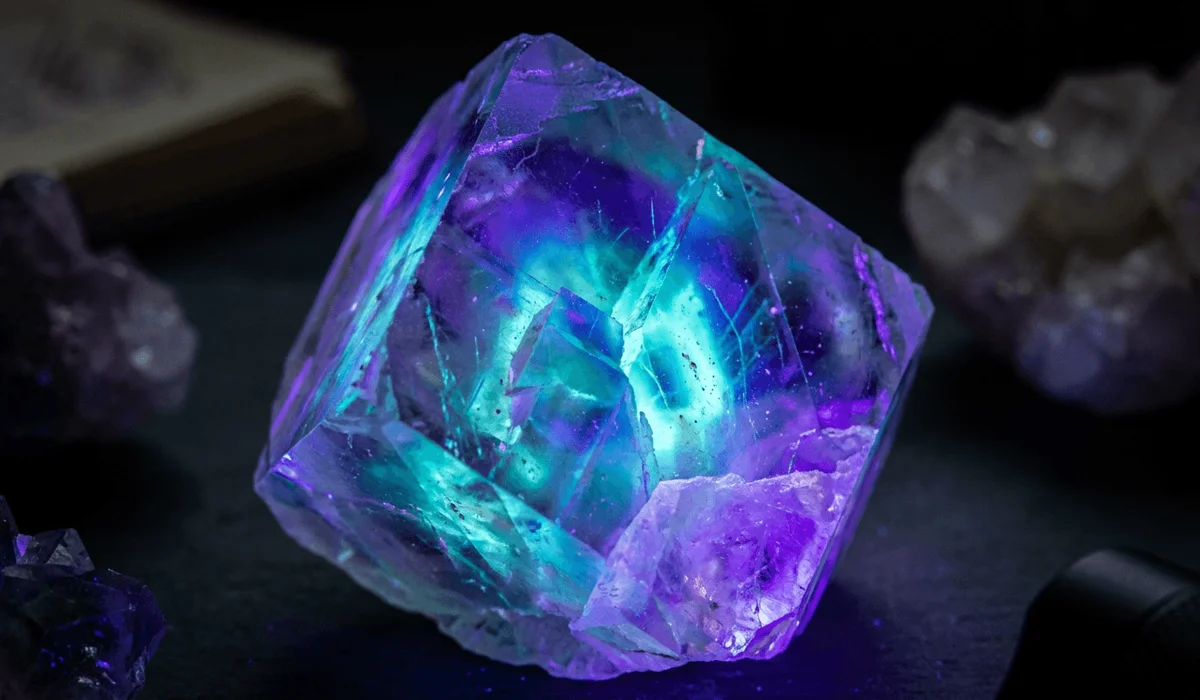 Genuine raw fluorite specimen emitting bright violet and blue UV light fluorescence under a 365nm blacklight.