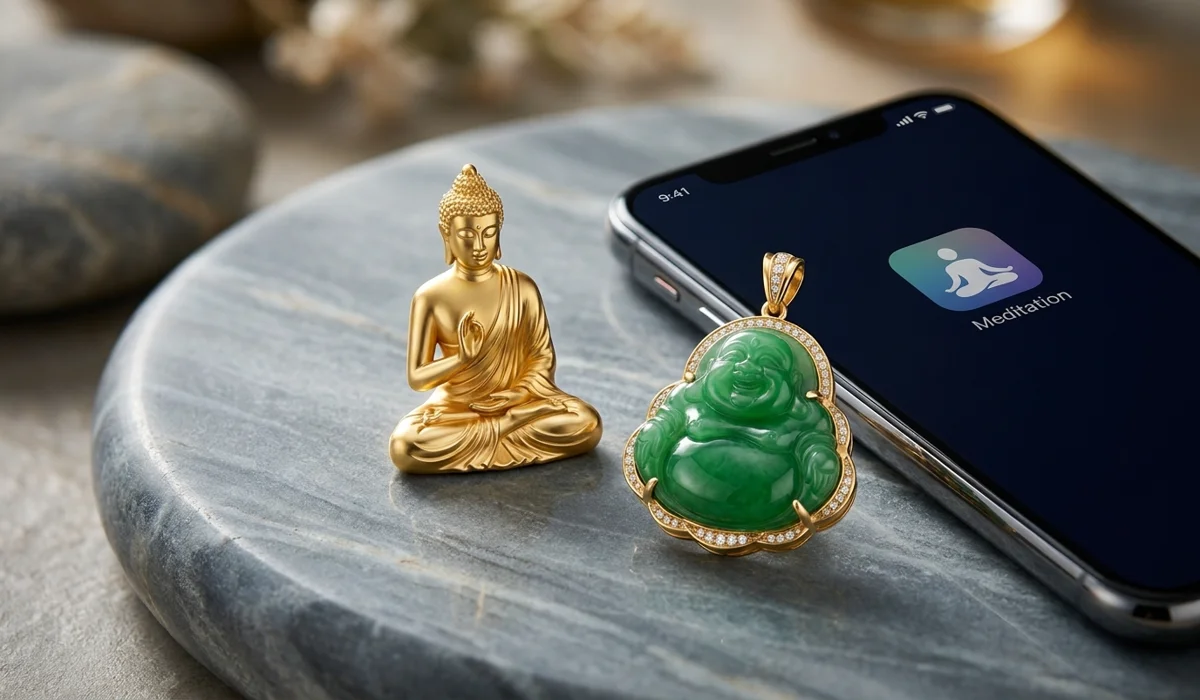 Gold and jade Buddha pendants styled as modern jewelry pieces to serve as spiritual anchors and shields against digital-age stress.
