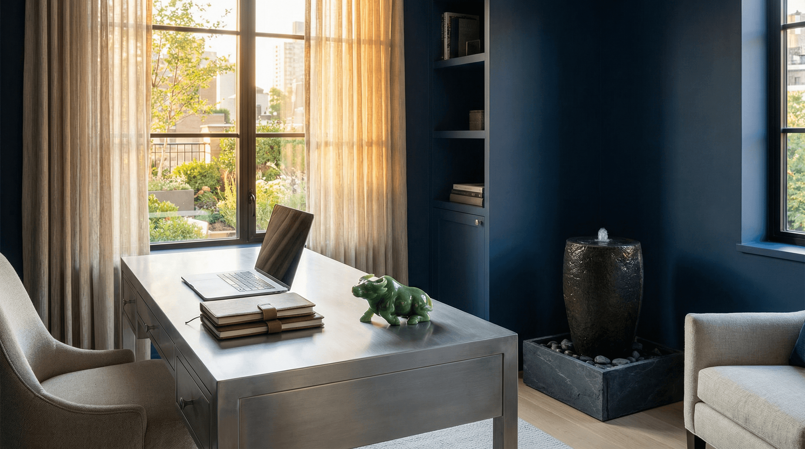 A professional home office with cooling blue decor and an Ox figurine on the desk