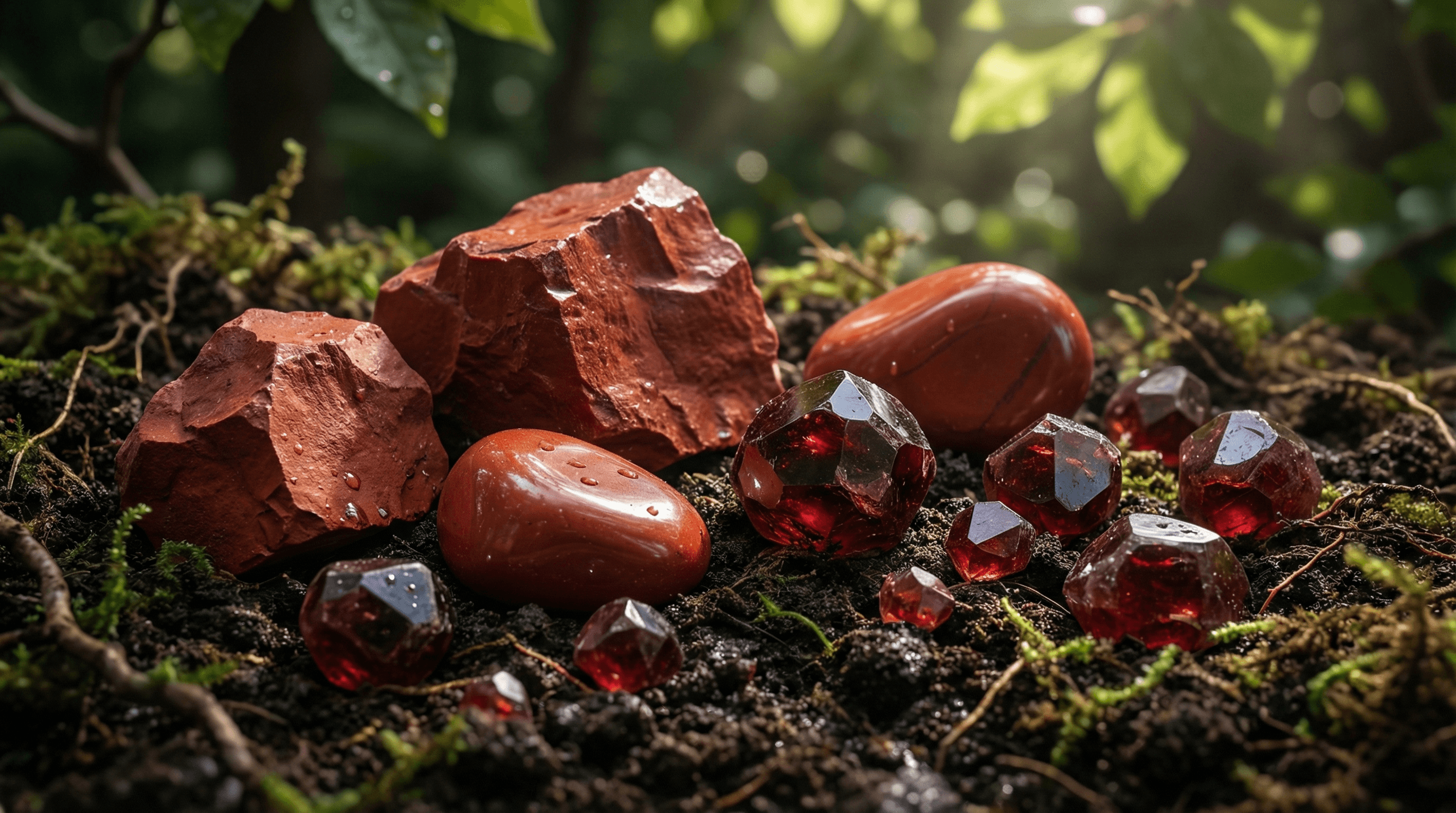 Close-up of raw Red Jasper and Garnet crystals on natural soil, showcasing the earthy textures and deep red colors of root chakra stones.