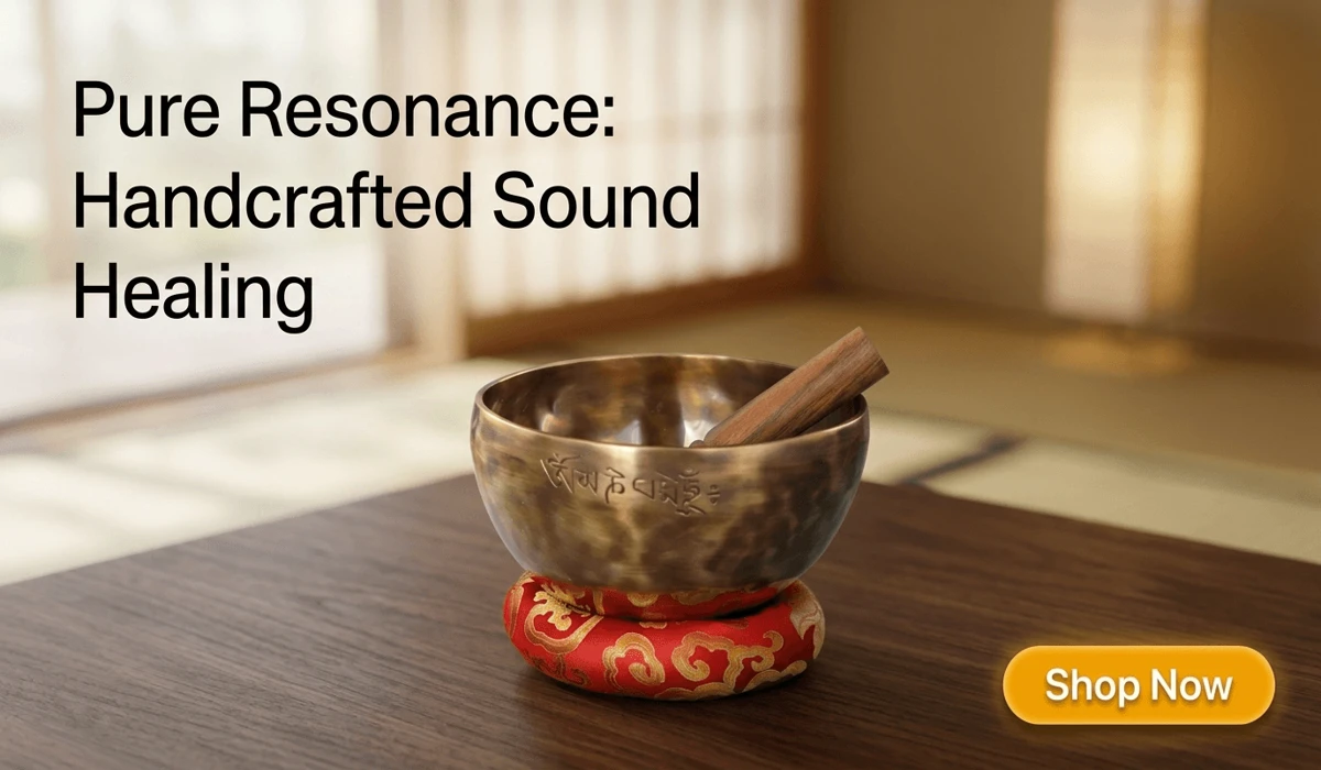 Handmade Nepalese Full Moon Singing Bowl on red cushion for sound healing and meditation, high-end product illustration with Shop Now button.