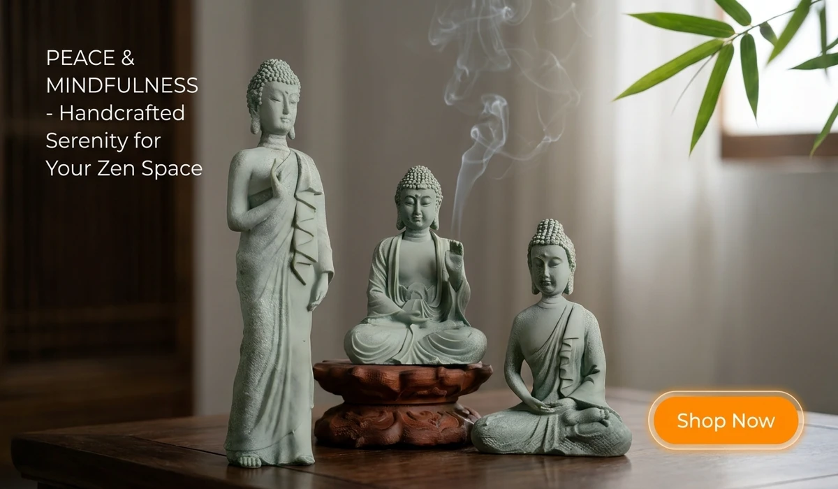 Handmade Sandstone Zen Monk Statues for home decor, featuring three serene Buddha figures in a peaceful Zen setting with a Shop Now button for minimalist interior design lovers.