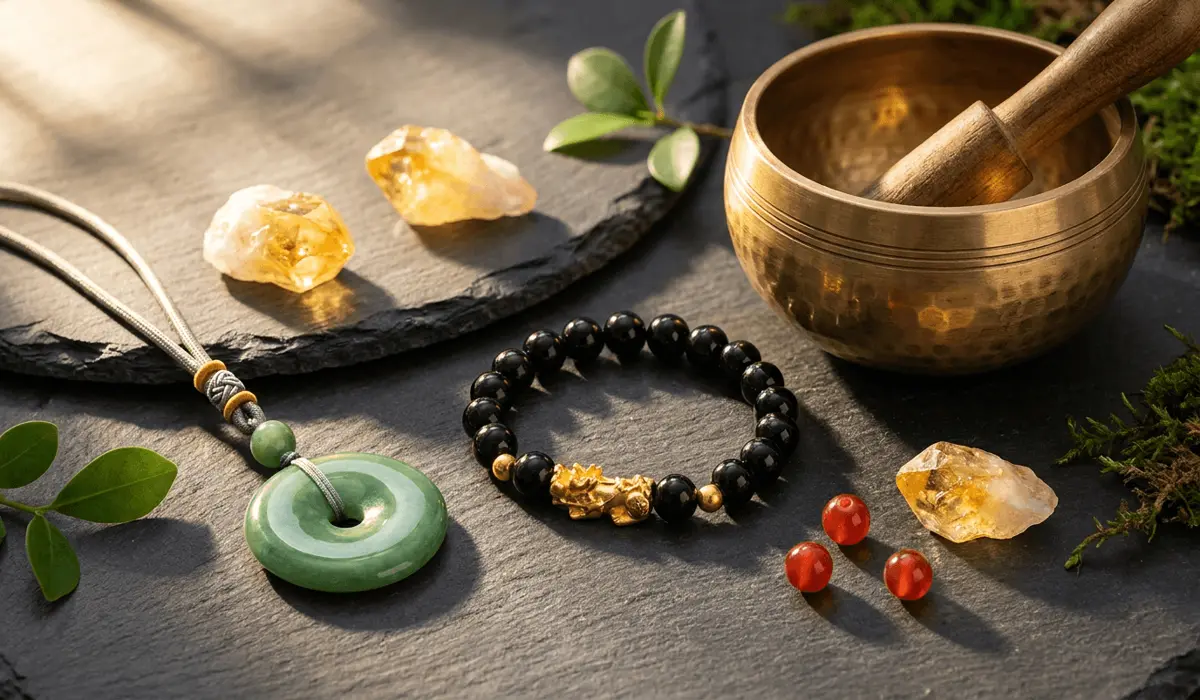 An elegant flat lay of Feng Shui gemstone jewelry including jade, black obsidian, and citrine crystals for energy balancing and remedies.