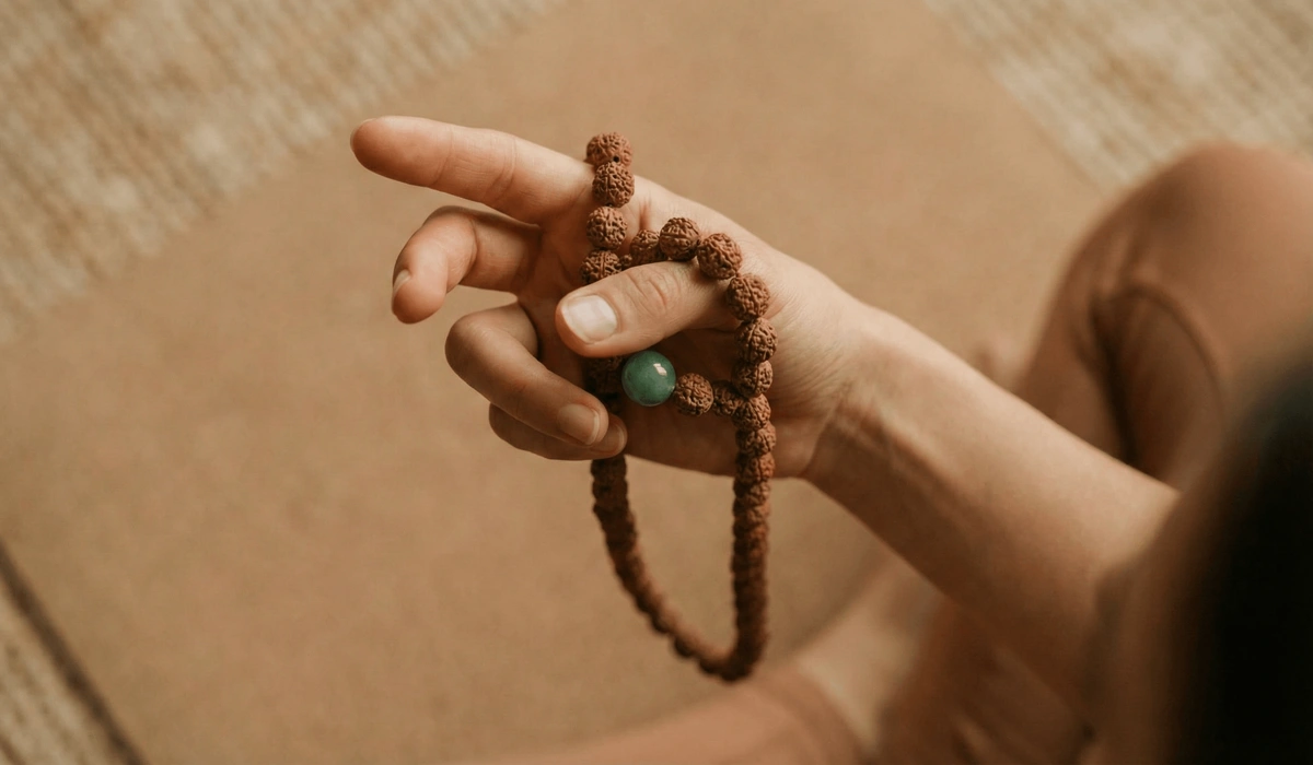 Close-up of hand placement for mala meditation, showing the thumb moving a bead over the middle finger for mantra counting.