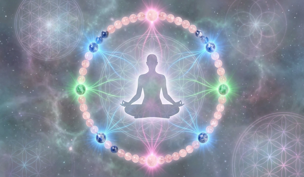 Visual representation of mala beads symbolism and their connection to heart chakra energy and sacred geometry.